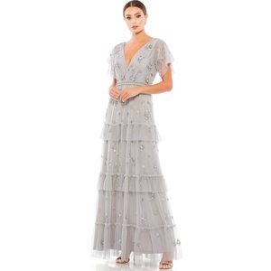 Mac Duggal Ruffle Tiered Embellished Flutter Sleeve Gown